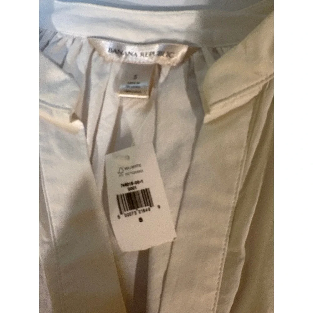 Banana Republic White Cotton Poplin Blouse Small V-Neck Puff Sleeve Peasant Top